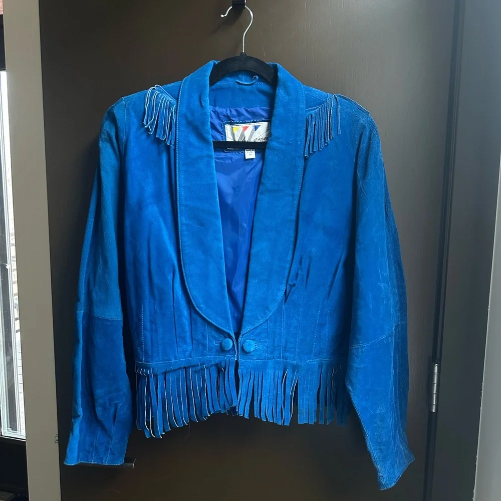 Vintage Blue Suede Fringe Cropped Jacket Western Boho Cowgirl M - Picture 9 of 9